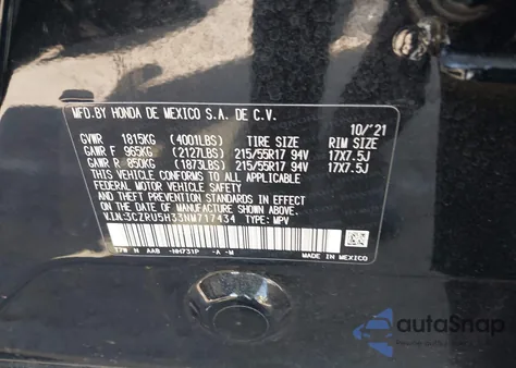 2022 Honda Hr-V 2Wd Lx из США, поврежденный, VIN 3CZRU5H33NM717434